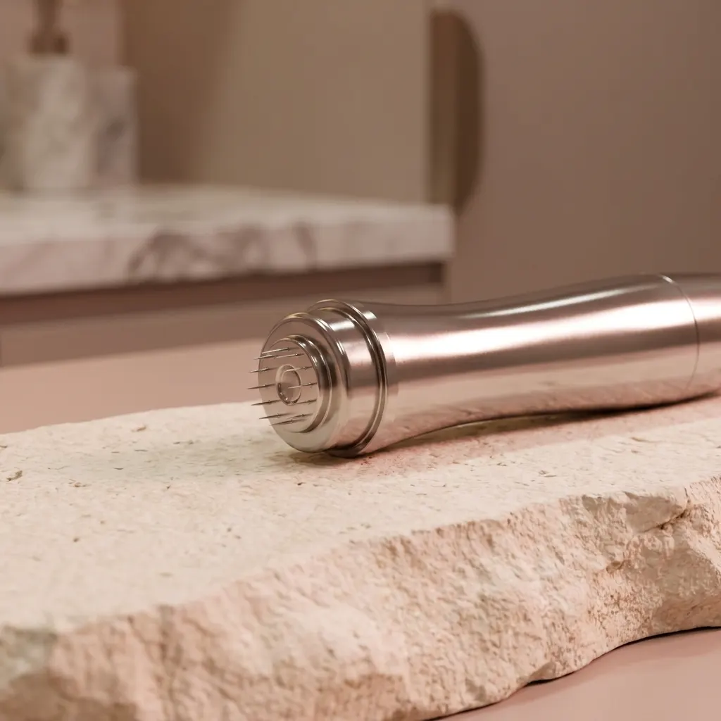 Cabezal de microneedling apoyado sobre una base de piedra