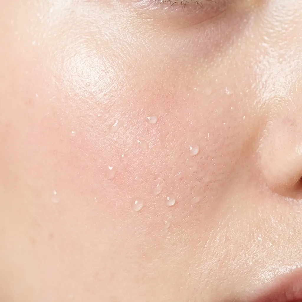 Primer plano de una mejilla con gotas de sérum